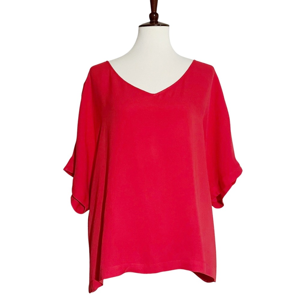 Lafayette 148 New York Red Coral 100% Silk V-Neck Dolman Sleeve Blouse Top M